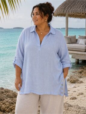Tahari 100% Linen Baby Blue Mother Of Pearl Button Tunic Blouse 1X Lagonlook